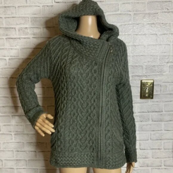 Aran Crafts 100% Merino Wool Hooded Cardigan Green Side Zip Heart Design Small - Picture 5 of 9